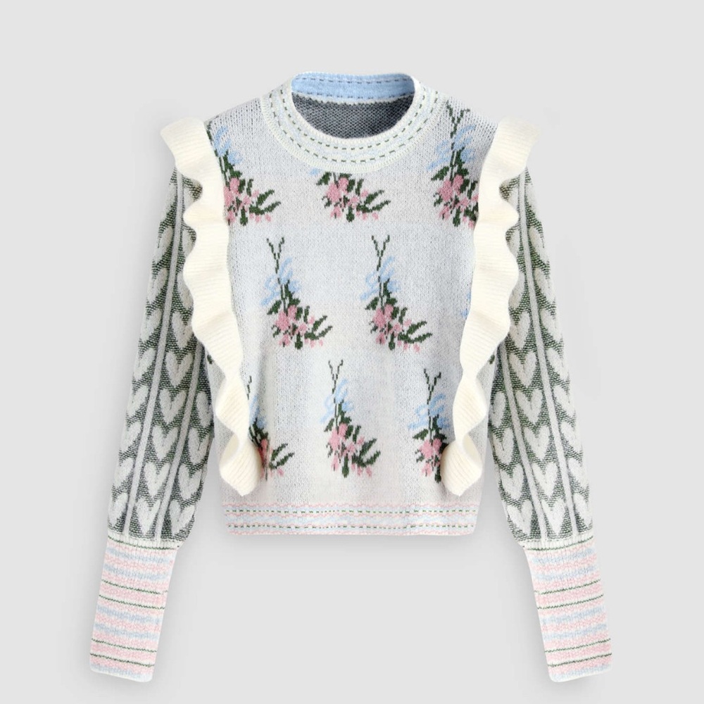 Cider Floral Patterned Sweater with Ruffle Detail